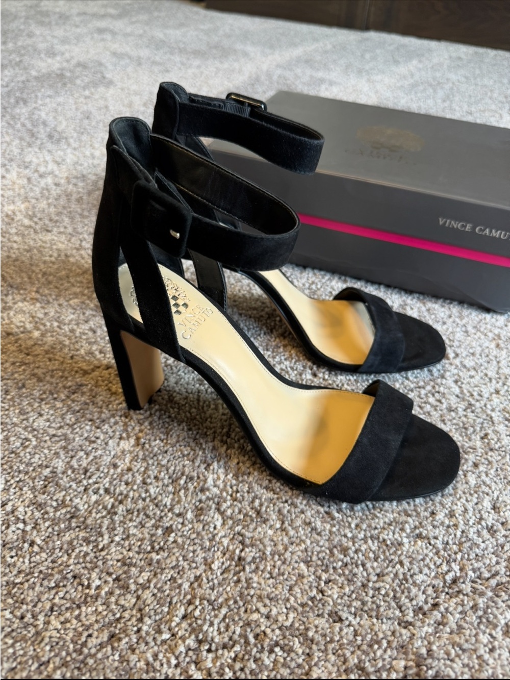 Vince Camuto Black Suede Ankle Strap Block Heels Sandals
